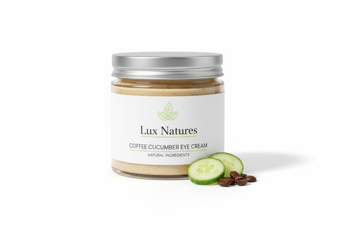 16 oz jar with coffee cucumber eye cream with Lux Natures logo with green leaf
