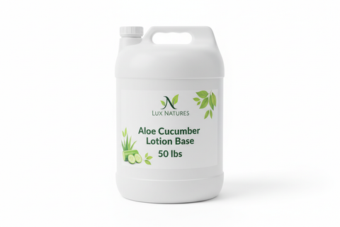 50 lbs. container with Aloe Cucumber lotion base with Lux Natures logo with green leaf