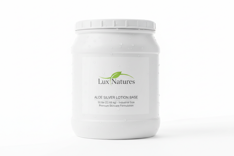 50 lbs container with Aloe Silver lotion base with Lux Natures logo with green leaf