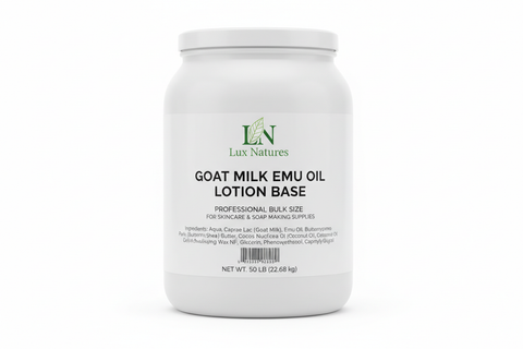 50 lbs. container with goat milk Emu oil lotion base with Lux Natures logo with green leaf