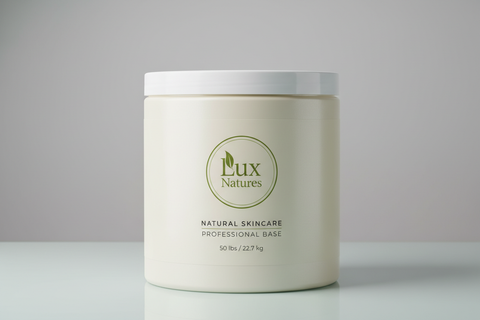 50 lbs. container with Luxury Body Butter base with Lux Natures logo with green leaf