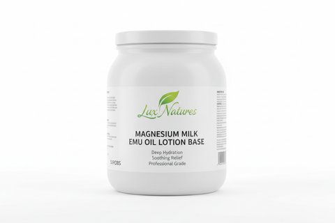 50 lbs container with magnesium milk Emu oil lotion base with Lux Natures logo with green leaf