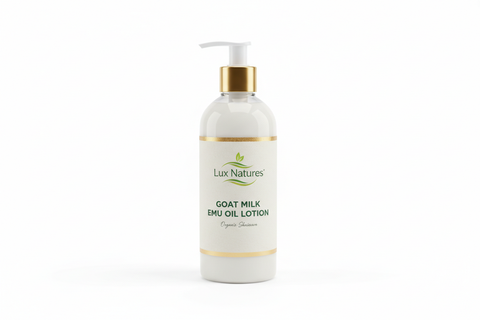 Goat milk Emu oil lotion base in 16 oz bottle with Lux Natures logo with green leaf