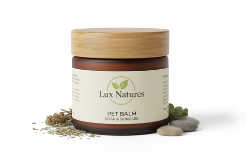 pet balm jar with Lux Natures logo with green leaf
