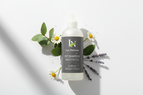 pet shampoo with Lux Natures logo with green leaf