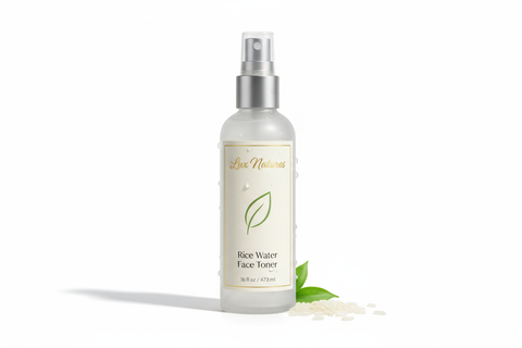 rice water face toner 16 oz bottle with Lux Natures logo with green logo
