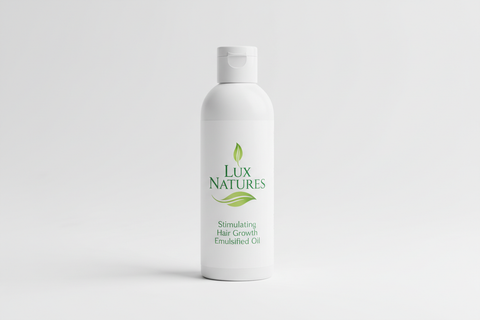 squeezable 4 oz white bottle for Stimulating hair growth emulsified oil with Lux Natures logo with green leaf  