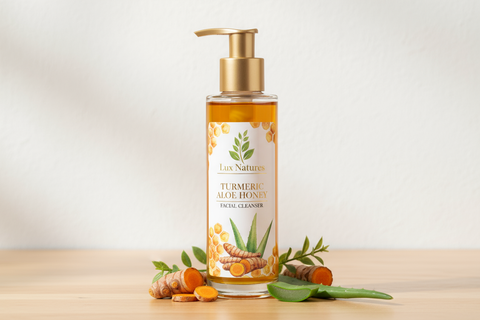 turmeric aloe honey liquid face wash with Lux Natures logo with green leaf